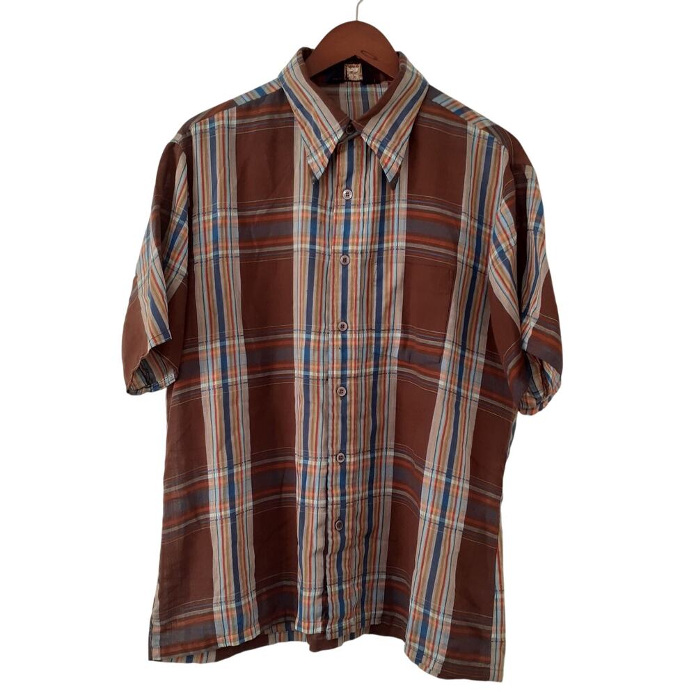 JCPenney Men's Vintage Casual Shirt Brown Blue Striped XL Short Sleeve